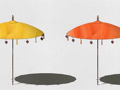 Yellow And Orange Outdoor Sunshades With Decorative Tassels And Metal Frames 3d model