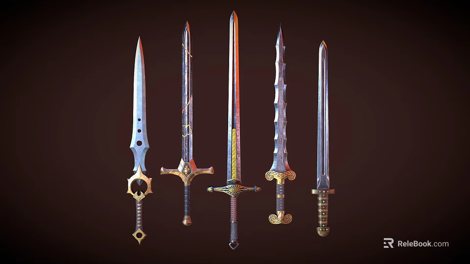 Intricate Decorative Swords With Unique Designs And Metallic Finish On Dark Background 3d model 