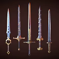 Intricate Decorative Swords With Unique Designs And Metallic Finish On Dark Background