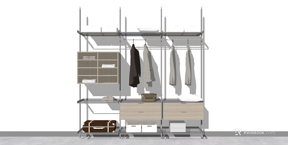 Modern Open Wardrobe Interior Design With Hanging Coat Shirts Drawers And Storage Shelves 3d model 