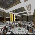 Elegant Banquet Hall with Luxurious Ceiling Chandeliers White Tablecloths Floral Centerpieces and White Chairs