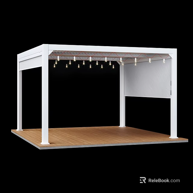 Outdoor White Garden Gazebo With Wooden Floor Pillars And String Lights 3d model 