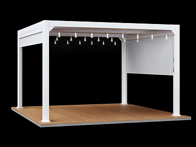 Outdoor White Garden Gazebo With Wooden Floor Pillars And String Lights 3d model