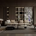 Modern Living Room Interior Design With Wooden Ceiling Marble Wall Beige Sofa And Plants