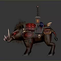 Ornate Boar Mount With Red Saddle Lanterns Banner And Skull Decorations
