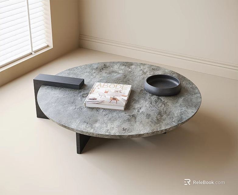 Round Grey Marble Coffee Table With Black Legs And Decorative Items 3d model
