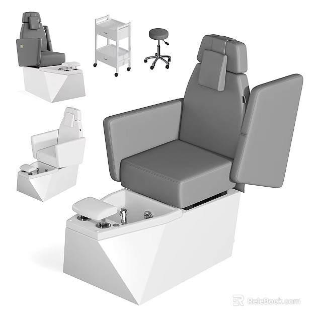 Modern Manicure Salon Chair With White Functional Base Rolling Cart And Grey Upholstered Design 3d model 