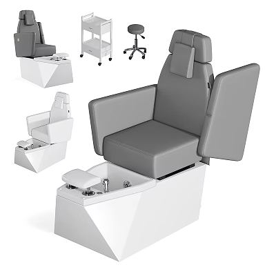 Modern Manicure Salon Chair With White Functional Base Rolling Cart And Grey Upholstered Design 3d model