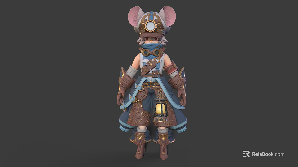 Steampunk Anthropomorphic Mouse Character In Armor Outfit With Goggles Lantern And Large Ears 3d model 