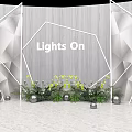 Floral Installation With Silver Reflective Material Geometric Lines White Triangular Structure And Green Plants 3d model