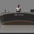 Gray Modern Reception Desk With Liemu Logo Orange Lighting Flower Vase And Laptop