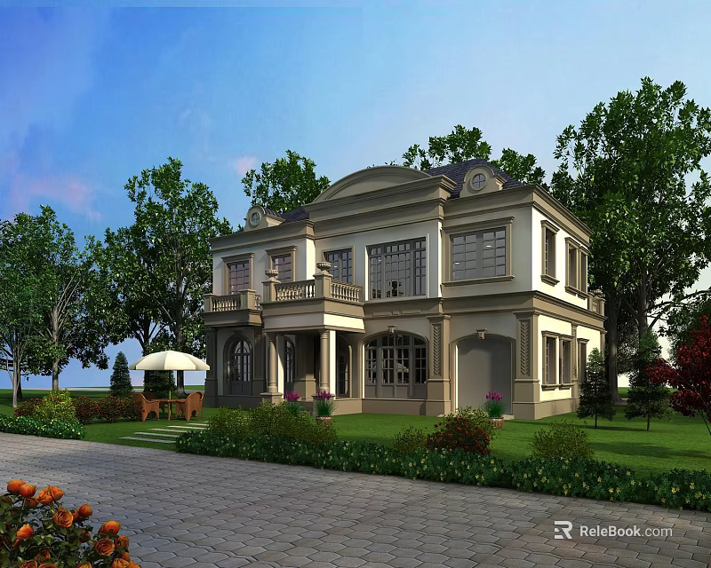 Two Story Detached Villa With Green Lawn Trees Driveway Front Porch And Windows 3d model 