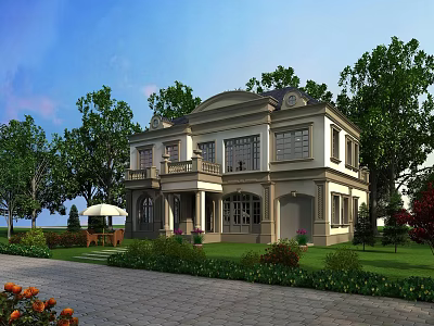 Two Story Detached Villa With Green Lawn Trees Driveway Front Porch And Windows 3d model