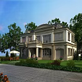 Two Story Detached Villa With Green Lawn Trees Driveway Front Porch And Windows