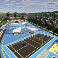 Sports Park Scenic Landscape With Modern Architectural Entrance Green Trees And Clear Sky