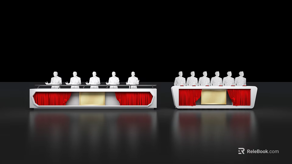 Commercial Equipment With Two Long Tables White Figurines And Red Tablecloths For Conferences 3d model 