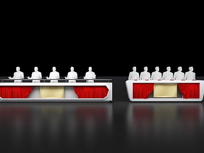Commercial Equipment With Two Long Tables White Figurines And Red Tablecloths For Conferences 3d model