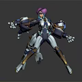 Pink Haired Game Movie Character In Blue White Orange Armor Holding Weapons In Combat Pose
