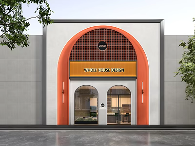 Modern Storefront with Orange White Arched Entrance Grid Design Whole House Design Sign and Trees 3d model