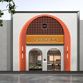 Modern Storefront with Orange White Arched Entrance Grid Design Whole House Design Sign and Trees