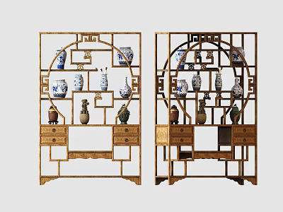 Traditional Chinese Antique Display Shelves with Intricate Carved Designs and Decorative Vases Arranged on Shelves 3d model