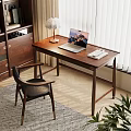 Modern Minimalist Bedroom Interior with Dark Wooden Bookshelf Desk Lamp Laptop Books Decor Blinds and Chair