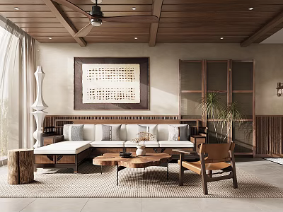 Rustic Living Room Interior With Wooden Ceiling Ceiling Fan Bench Sofa Decorative Painting And Plant 3d model