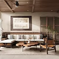 Rustic Living Room Interior With Wooden Ceiling Ceiling Fan Bench Sofa Decorative Painting And Plant