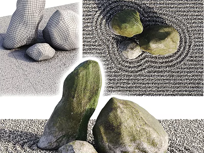 Natural Stone And Wood Decorative Elements For Modern Garden Landscaping Design 3d model