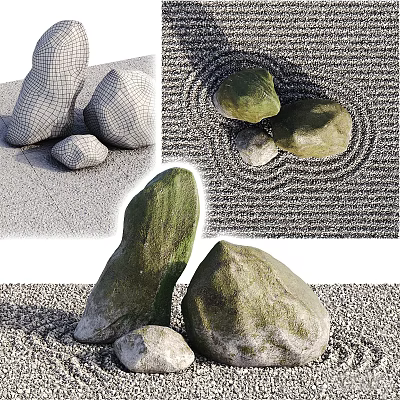 Natural Stone And Wood Decorative Elements For Modern Garden Landscaping Design 3d model