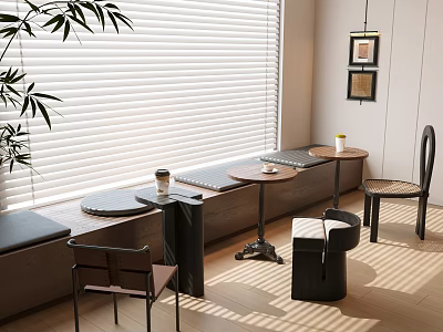 Banquette Sofa Seating by Window with Window Blinds Small Round Tables Chairs and Sunlight 3d model