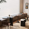 Banquette Sofa Seating by Window with Window Blinds Small Round Tables Chairs and Sunlight