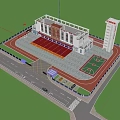 Fire Station Building Design With Training Ground National Flag And Fire Vehicles