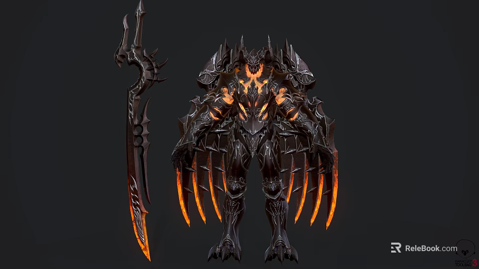 Dark Fantasy Game and Movie Character With Spiked Black Armor Burning Orange Accents And Sharp Horned Weapon 3d model 
