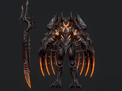 Dark Fantasy Game and Movie Character With Spiked Black Armor Burning Orange Accents And Sharp Horned Weapon 3d model