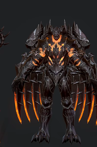 Dark Fantasy Game and Movie Character With Spiked Black Armor Burning Orange Accents And Sharp Horned Weapon 3d model