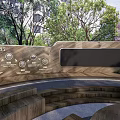 Park Landscape with Circular Wooden Structure Central Tree Green Plants Bushes and High Rise Background
