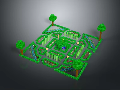 Green Maze Garden Landscape Featuring Winding Paths Trees And Central Fountain 3d model
