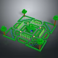 Green Maze Garden Landscape Featuring Winding Paths Trees And Central Fountain