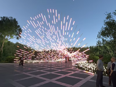 Radiant Light Tubes Art Installation Creating Explosive Pattern in Outdoor Plaza with Trees and People 3d model