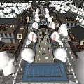 Traditional Chinese Architecture Commercial Street With Walking Pedestrians Storefronts Green Trees And Plaza Fountain