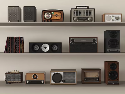Various Styles of Vintage and Modern Audio Speakers and Radios on Shelves 3d model