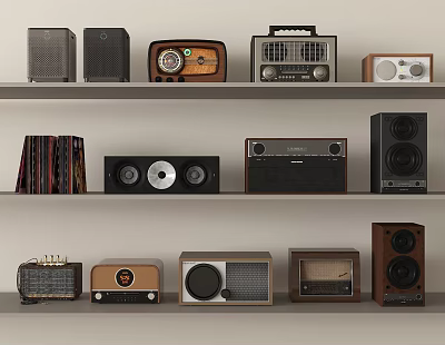 Various Styles of Vintage and Modern Audio Speakers and Radios on Shelves 3d model