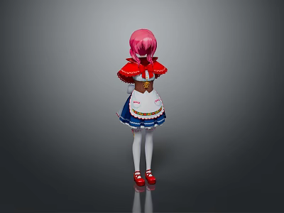 Anime Character With Pink Hair Red Cape Blue White Dress And Red Shoes 3d model