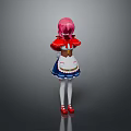 Anime Character With Pink Hair Red Cape Blue White Dress And Red Shoes