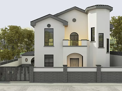 Two Story White Detached Villa Exterior With Round Tower Balcony Arched Door And Trees 3d model