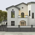 Two Story White Detached Villa Exterior With Round Tower Balcony Arched Door And Trees