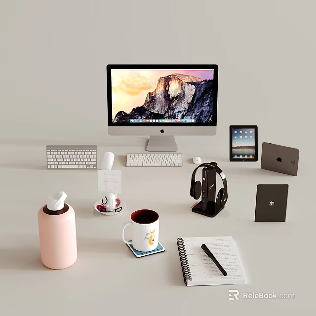 Modern Workspace Setup With iMac iPad MacBook Keyboard Mouse Headphones And Office Supplies 3d model 