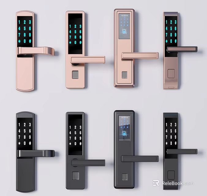 Smart Digital Door Handles With Keypad And Touchscreen In Rose Gold And Black Colors 3d model 