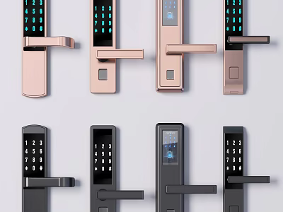 Smart Digital Door Handles With Keypad And Touchscreen In Rose Gold And Black Colors 3d model
